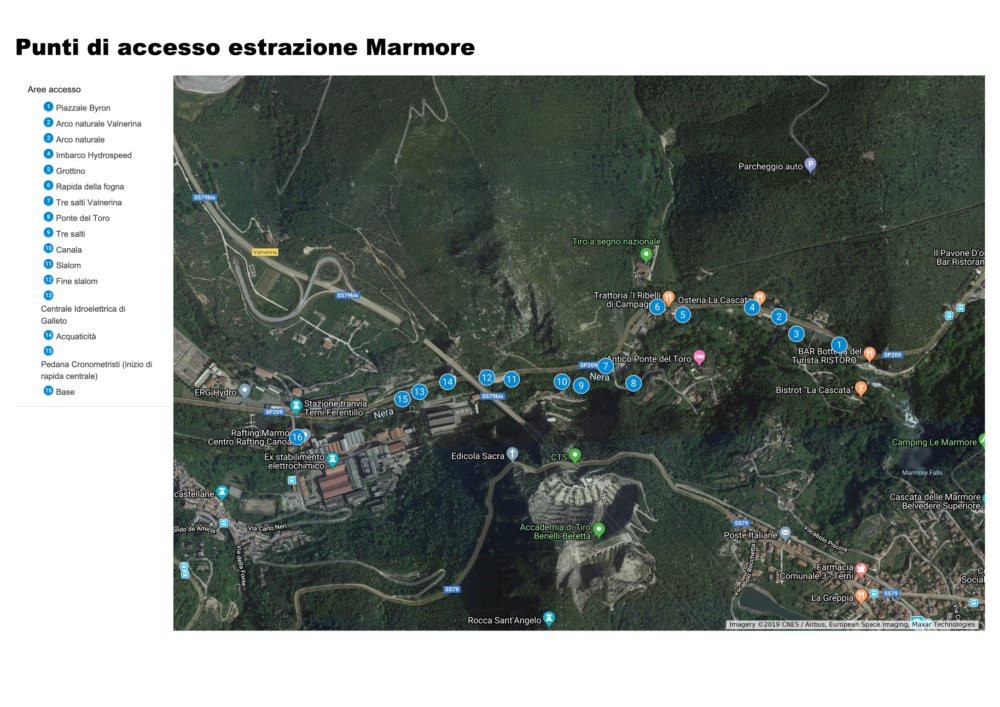 Mappa acesso estrazione Fiume nera Cascata delle Mamrore - ponte di Papigno RaftingMarmore